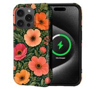 Kapadiy Magnetic Case for iPhone 15 Pro Max Case,Bold Floral Pink Orange Flowers Design Compatible with MagSafe,Upgrade Hybrid Protection Silicone+ Hard PC Shockproof Full Body Cover for Men Women