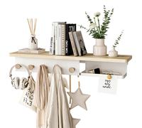 KAPANOU Floating Shelves for Wall, Natural Wood grain Shelf with Front and Back Coat Hooks and Extra Storage Compartments (White)