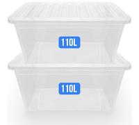 KAPCO 2 x 110L Stackable Storage Boxes with Lids - Extra Large Clear Plastic Containers for Home, Kitchen, Garage, Toys | Multipurpose Durable BPA Free Tubs with Clear Lid | 110 Litre (Set of 2)