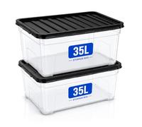 KAPCO 2 X 35L Large Plastic Storage Boxes with Lids | Stackable Box with Black Lids, Clear Multipurpose Containers for Home, Office, Kitchen and Garage | (35 Litre / 2 Pack)