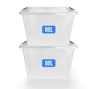 KAPCO 2 x 80L Plastic Storage Boxes with Lids | Durable Stackable Organizer Box for Garage, Closet, Kitchen, Loft, Home & Office | Clear Storage Totes with Clip Lock Lid | BPA Free Modular Containers