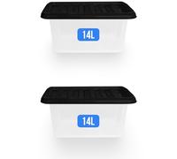 KAPCO 2 x Storage Boxes with Lids 14 Litre | Transparent Plastic Bin for Home, Shoe, Toy, Pantry, Craft Supplies | BPA Free Stackable, Dustproof, Durable Containers | Black Lid Storage Box Organiser