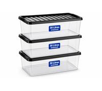 KAPCO 3 x 30 Litre Underbed Storage Boxes with Black Lids Set of 3 | 30L Clear Containers For Home, Kitchen, Garage, Office | Clear Multipurpose Nestable Stackable Plastic Storage Box With Lid