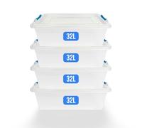 KAPCO Clear Plastic Boxes with Clip-Lock Lids - 4 x 32L Underbed Organizer - Stackable Durable Plastic Containers for Home Office Bedroom Kitchen - BPA-Free, Nestable, Space-Saving Design | 32 Litre