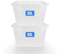 KAPCO Large Storage Box with Lid - 2 x 80L Clear Plastic Containers - Stackable Nesting Storage Bins for Clothes, Toys, Kitchen, Garage, Home & Office - BPA-Free, Made in UK, Heavy Duty Boxes