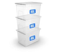 KAPCO Large Storage Box with Lid - 3 x 80L Clear Plastic Containers - Stackable Nesting Storage Bins for Clothes, Toys, Kitchen, Garage, Home & Office - BPA-Free, Made in UK, Heavy Duty Boxes