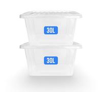 KAPCO Plastic Box Storage Set of 2 - Clear 30 Litre Boxes with Lids | Strong Stackable Containers for Pantry Items, Clothes, Shoes, Tools, Toys | Multipurpose Storage Tubs for Kitchen, Office & Garage