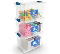 KAPCO Stackable Plastic Storage Boxes 3 x 80L with Clip Lock Lids | Large Clear Containers for Garage, Kitchen, Home, Loft & Office | Durable Modular Bins for Moving, Organising | BPA Free - 80 Litre