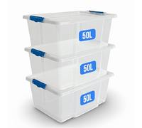KAPCO Stackable Storage Bins with Lids - 3 x 50L Clear Plastic Organizer Boxes | Durable Modular Containers with Clip Lock Handles for Home, Garage, Loft, Kitchen, Closet, Office, Moving, Pantry Use