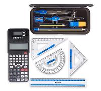 KAPEK Scientific Calculator + Math Set for Schools | 2-Line Display | 10-Piece Geometry Set | Ruler, Compass, Protractor | 240+ Integrated Functions | GCSE Math Bundle | Black