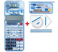 KAPEK Scientific Calculator + Math Set for Schools | 2-Line Display | 10-Piece Geometry Set | Ruler, Compass, Protractor | 240+ Integrated Functions | GCSE Math Bundle | Blue
