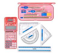 KAPEK Scientific Calculator + Math Set for Schools | 2-Line Display | 10-Piece Geometry Set | Ruler, Compass, Protractor | 240+ Integrated Functions | GCSE Math Bundle | Pink