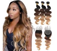 Kapelli Hair 10A Ombre Human Hair Bundles with Ombre Closure Brazilian Hair Body Wave (T1B/4/27.18, 20, 22+16) Ombre Brazilian Human Hair 3 Tones Black