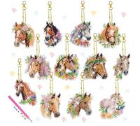 KAPOAOAO 12 Pcs Horse Diamond Art Painting Keychains Key Rings, Horse DIY 5D Double Sided Drill Diamond Art Painting Kits for Horse Western Cowboy Theme Party Home Arts Crafts Decoration Supplies