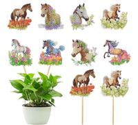 KAPOAOAO 8Pcs Horse Diamond Art Painting Kits for Garden Stakes Decor Set Flower Horse Diamond Art Gem Mosaics Rhinestone Painting by Numbers for Adults DIY Handmade Crafts Garden Home Decoration