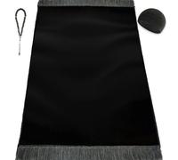 Kapobia Velvet Prayer Mat Set (Gemstone 33 Prayer Beads - Black Kufi Hat - Elegant Case) - Luxurious Velvet Texture Plain Prayer Rug for Home and Travel - Exquisite Islamic Gifts for Women and Men