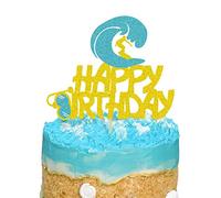 KAPOKKU Glitter Double Sided Happy Birthday Surfboard Cake Topper for Summer Beach Surfing Theme Hawaii Party Birthday Cake Decorations gold surfing cake topper