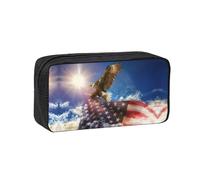 KAPPTYY American USA Flag Eagle Art Printed Large Pencil Pouch, Durable Zipper Pen Case with Handle, for Office College Journaling