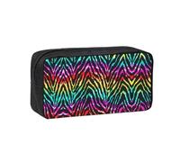 KAPPTYY Colorful Rainbow Zebra Printed Large Pencil Pouch, Durable Zipper Pen Case with Handle, for Office College Journaling