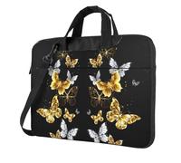 KAPPTYY Gold White Butterflies Black Print Structured Laptop Bag Oxford Cloth Briefcase Padded Shoulder Case With Front Pockets