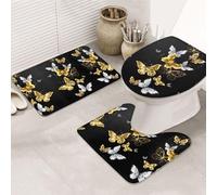 KAPPTYY Gold White Butterflies Black Printing 3 Piece Bathroom Rugs Set, 31.5x20in Non Slip Mats For Suite,Vacation Home,Absorbent Floor Rugs