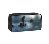 KAPPTYY Mermaid Girl and Sailing on Sea Pirate Ship Printed Large Pencil Pouch, Durable Zipper Pen Case with Handle, for Office College Journaling