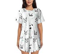 KAPPTYY Panda Bamboo Printed Women'S Short Sleeve Pajama Set With Button Front & Drawstring Shorts Summer Breathable Loungewear For Sleep, Casual Outings Black