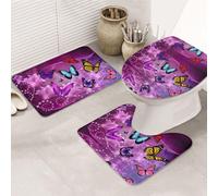 KAPPTYY Purple Butterflies Printing 3 Piece Bathroom Rugs Set, 31.5x20in Non Slip Mats For Suite,Vacation Home,Absorbent Floor Rugs