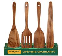 KAQISE Wooden Spatula for Cooking, Natural Teak Wood Utensils including Frying Flat Spatula Turner, Wooden Kitchen Utensils Set (4Pcs)