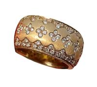 KAQNTUD Elegant Retro Four Leaf Clovers Zircon Rings Gold Tone Wide Band Copper Jewelry For Women Parties And Special Occasions