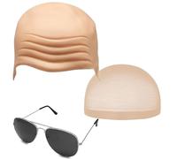 Kaquxibix Latex Bald Cap Set for Halloween and Cosplay - Includes Skin-Tone Bald Cap, Hairnet, and Sunglasses for Realistic Costume Transformations