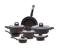 Karaca 12-Piece BlackGold Granite Pots and Pans Set - Biogranite Non-Stick Cookware Set, 4 Pots with 4 Glass Lids & 1 Granite Frying Pan & 1 Saucepan with Lid, PFOA Free, Dishwasher-Safe