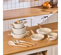 Karaca 12-Piece Ceramic Cookware Set with Lids & Utensils, Swiss Crystal Ceramic Kitchen Pots and Pans Sets Non Stick, Induction Compatible, Almond Cream