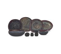 Karaca 55-Piece Stoneware Crockery Set for 12 People, Multicoloured Plate Set, Dishwasher Tableware Set, Earth Collection with Galactic Reactive Glaze, Black