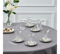 Karaca Ada Turkish Tea Cups Set 18 Piece, Turkish Tea Glasses Cups and Saucers for 6 People, Includes Saucers & Teaspoons, 130ml, Platin