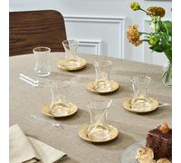 KARACA Ada Turkish Tea Cups Set 18 Piece, Turkish Tea Glasses Cups and Saucers for 6 People, Includes Saucers & Teaspoons, 130ml, Gold