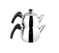 Karaca Adelya Mini Turkish Teapot Set - Stainless Steel Teapot with Lid - (Turkish Tea Pot 0.65 Liters & Water Tank 1 Liters) - Non-Burning Bakelite Black Handles Tea Maker & Induction Tea Kettle