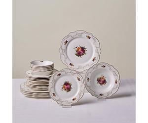 Karaca Antique Plates and Bowls Set for 6 People, White Dinner Set, Complete Kitchen Tableware Collection, Colourful Flower Design, Bone China, 24 Piece