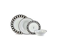 Karaca Aries 24-Piece Dinner Set for 6 People, Black & White Bone China Dinnerware Sets, Scratch & Crack Resistant, Luxury Plate Set with Checkered Design