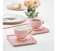 Karaca Art Deco Turkish Coffee Cup Set for 2 People - 4 Piece Pink Cups with Saucers - Small Porcelain Espresso Set - Ideal for Serving Greek, Arabic Coffee (90 ml)