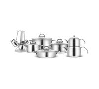Karaca Belgrad 15 Pcs Stainless Steel Pots with Lids, Induction Compatible Complete Cooking Pots, Turkish Tea Set (Caydanlik) & Coffee Maker, Durable Cookware Set (Tencere SETI)