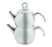 Karaca Belinay Teapot Set, Medium,18/10 Stainless Steel, Turkish Tea Set, Tea Maker, Teapot & Lid (1L 2.2lb) Tea Kettle (1.6L 3.5lb), Tea Sieve, Turkish Tea Maker, Double Teapots, Durable, Silver