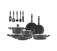 Karaca Biogranite 15-Piece Induction Cookware Set, Medium & Large Stockpot, Dual-Handle Frying Pan, Shallow Casserole, Cooking Utensil Set, BlackGold