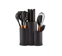 Karaca Burby 14-Piece Kitchen Knife Set with Block & Kitchen Utensil Set with Holder & Wooden Handles, Chef, Slicing, Bread Knives & Essential Cooking Tools, Black