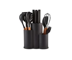 Karaca Burby 14-Piece Kitchen Knife Set with Block & Kitchen Utensil Set with Holder & Wooden Handles, Chef, Slicing, Bread Knives & Essential Cooking Tools, Black