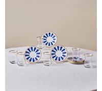 Karaca Bursa Turkish Tea Set for 6 People - 12 Piece Glass Tea Cups and Saucers with Gold Rim and Blue Patterned Base, 132ml Traditional Tea Glasses