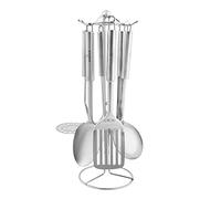 KARACA Chef 7 Pcs Service Set, Cooking Utensil Set w/Rotating Stand, Pasta Spoon, Slotted Spatula, Soup Ladle, Service & Skimmer Spoon, Potato Masher, 18/10 Stainless Steel Kitchen Serving Tools