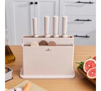 Karaca Chef's Harmony Utensil Set with Chopping Board and Holder - Appliances for Cooking - 10 Pieces Cookware Tools - Stainless Steel Knives, Cream & Beige Sets