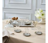 Karaca Deniz Turkish Tea Cups Set of 19, Turkish Tea Glasses Cups and Saucers for 6 People, Includes Tray, Saucers, Teaspoons, 130ml