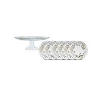 KARACA Eucaliyptus 7-Piece Glass Dessert Set, Cake Dome with Stand, Dessert/Side Plate, Brown